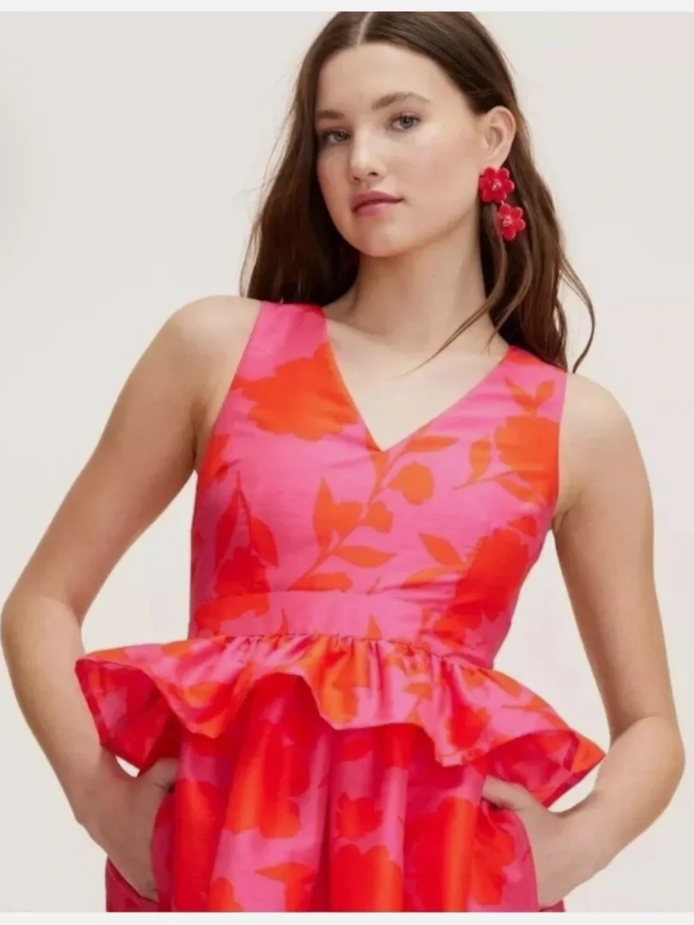 kate spade Pink and Red Floral V-Neck Peplum Midi Dress